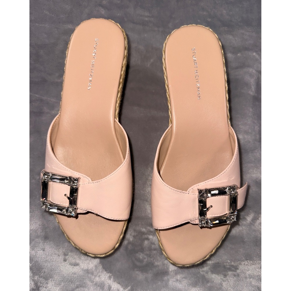 Stuart Weitzman Pink Leather Crystal Buckle Espadrille Wedge‎ Sandals 38 - Picture 2 of 6